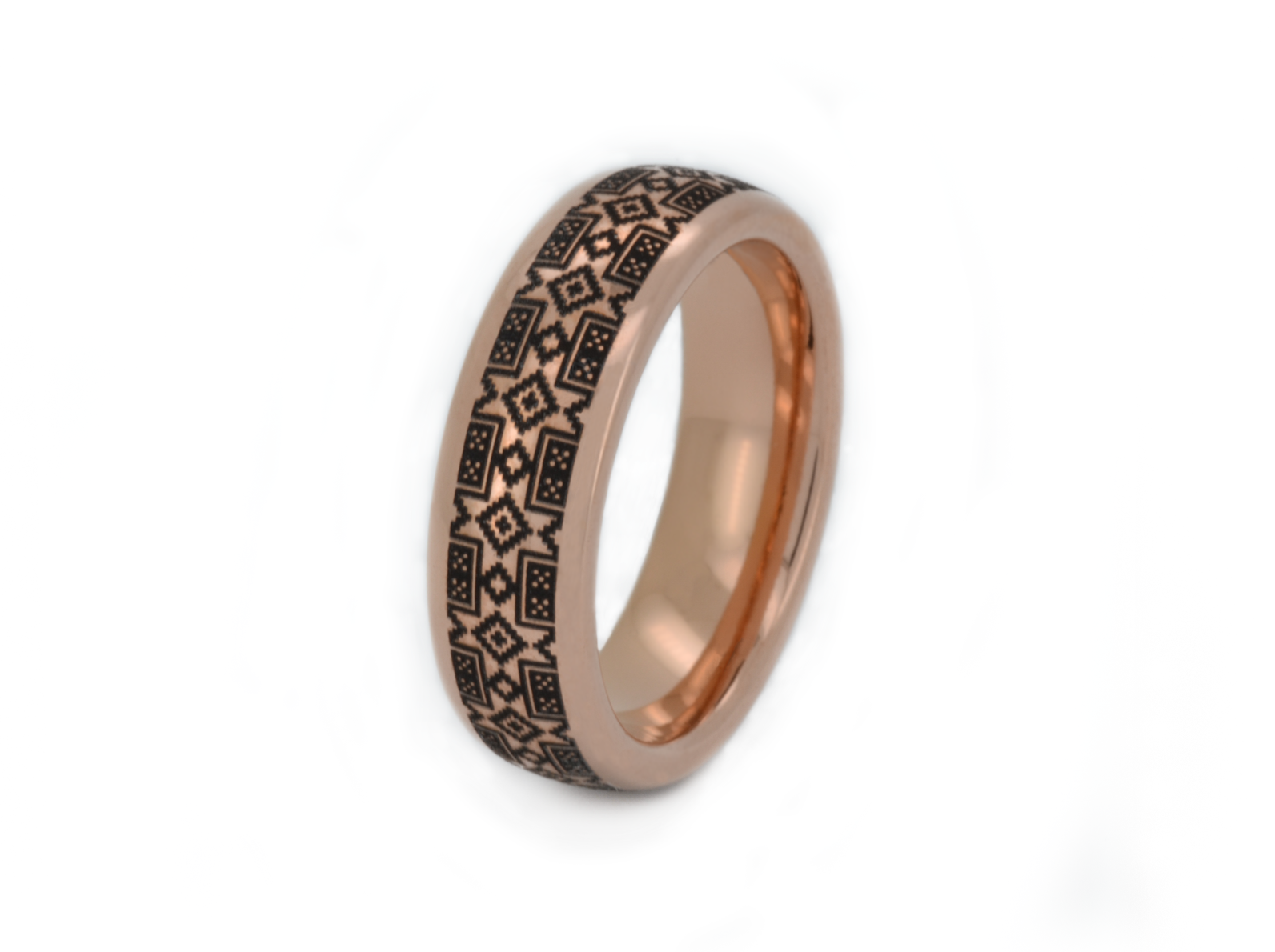 unique rose gold plated tungsten wedding ring with elegant black engraving of crosses, stars and dots, pixelated tribal pattern, chic wedding engagement ring, anniversary ring for special occasions, gift for him and her