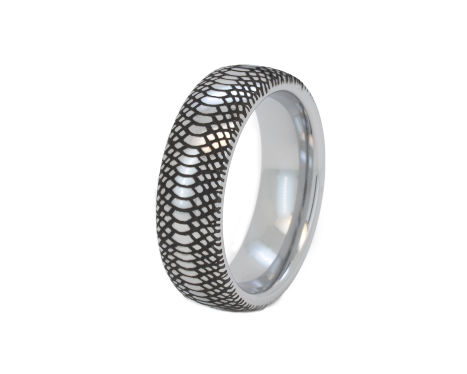 Silver tungsten ring with a black engraved snakeskin pattern, displayed on a white background.