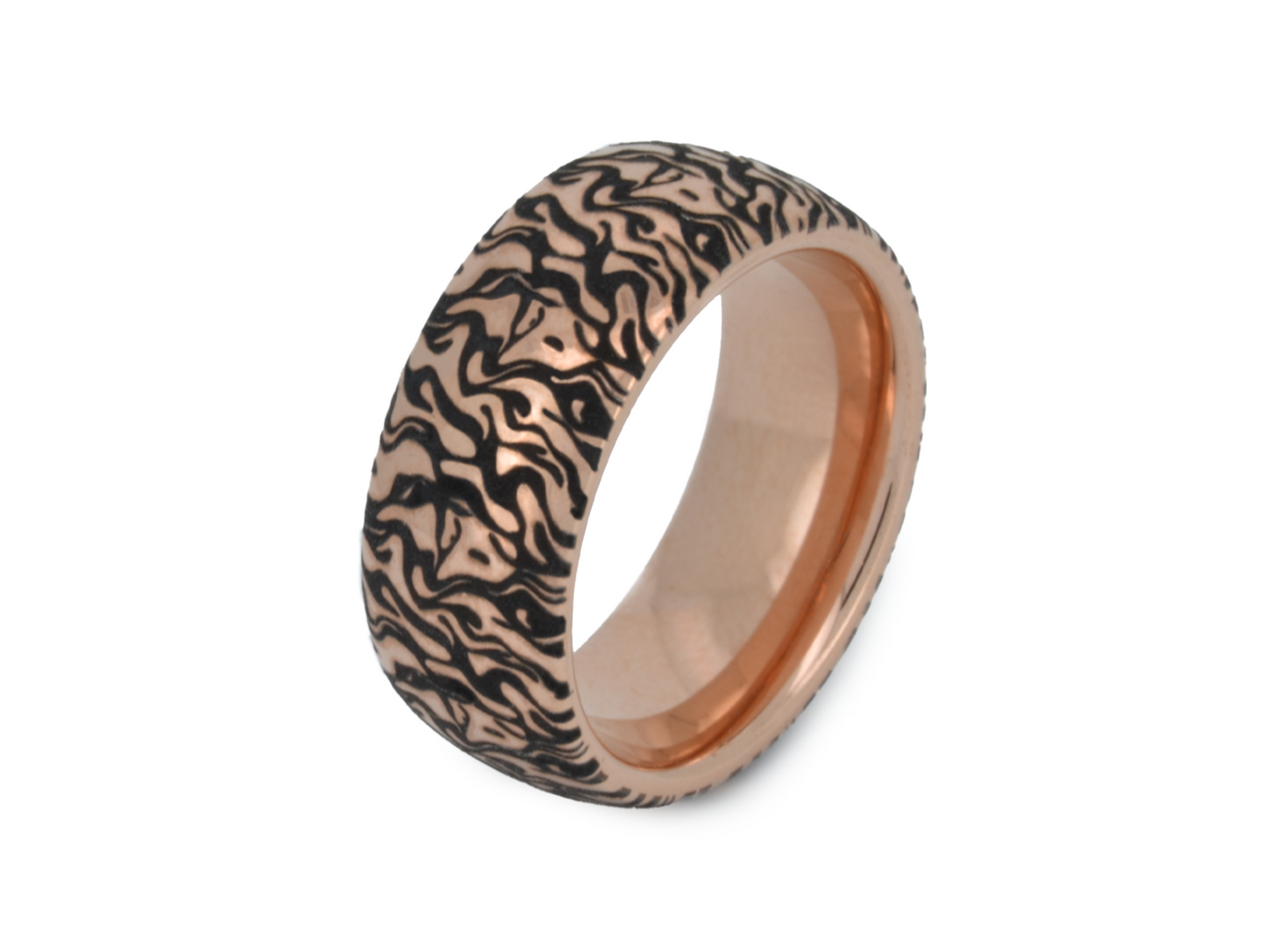 Fluidic Essence tungsten ring with laser-engraved surface detail, shown against a light background.