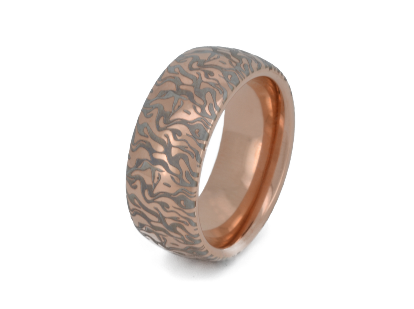 Fluidic Essence tungsten ring with laser-engraved surface detail, shown against a light background.