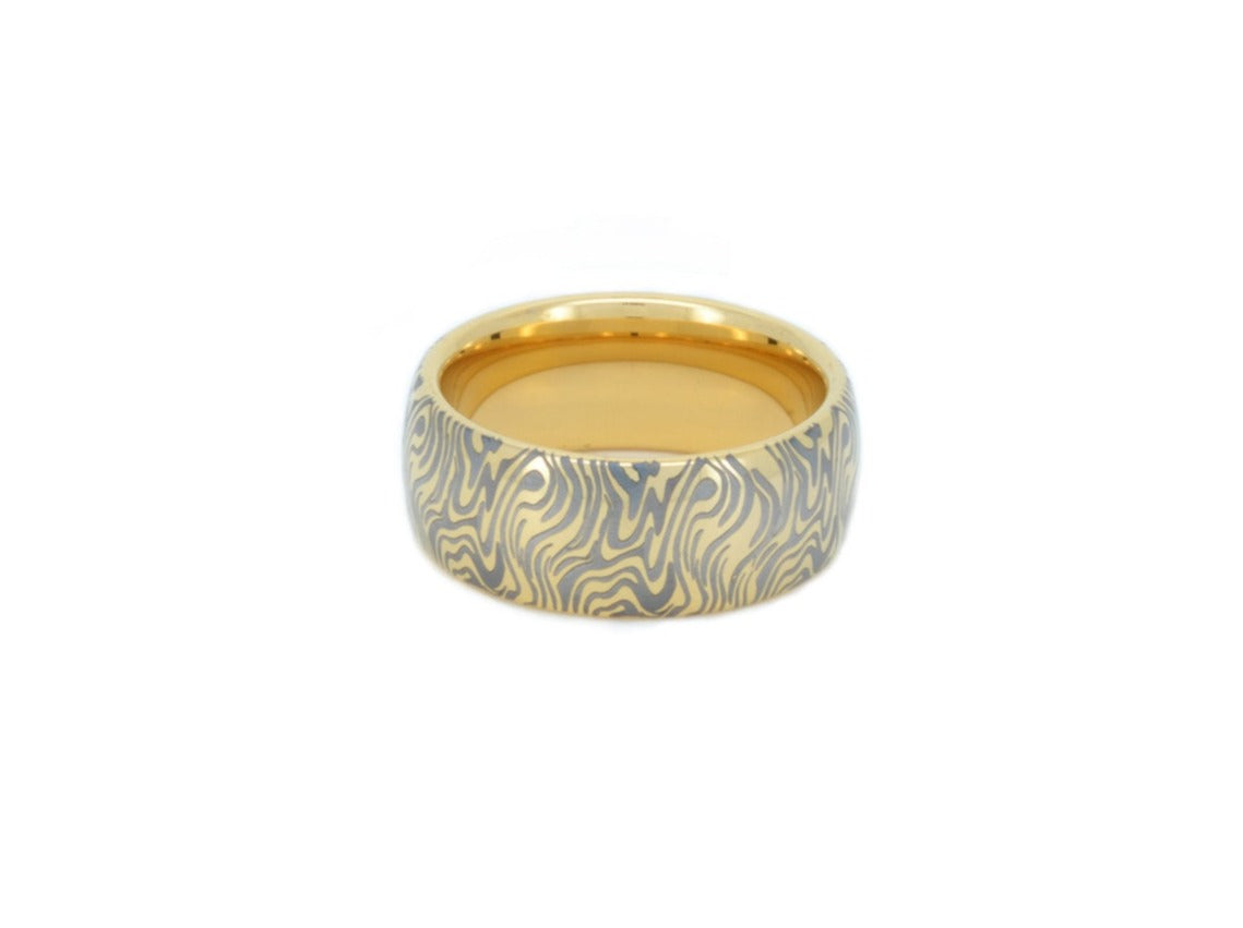 unique mokume ganne damascus pattern on yellow gold plated tungsten ring, elegant luxury wedding band for special occasions, anniversary engagement gift for her and him