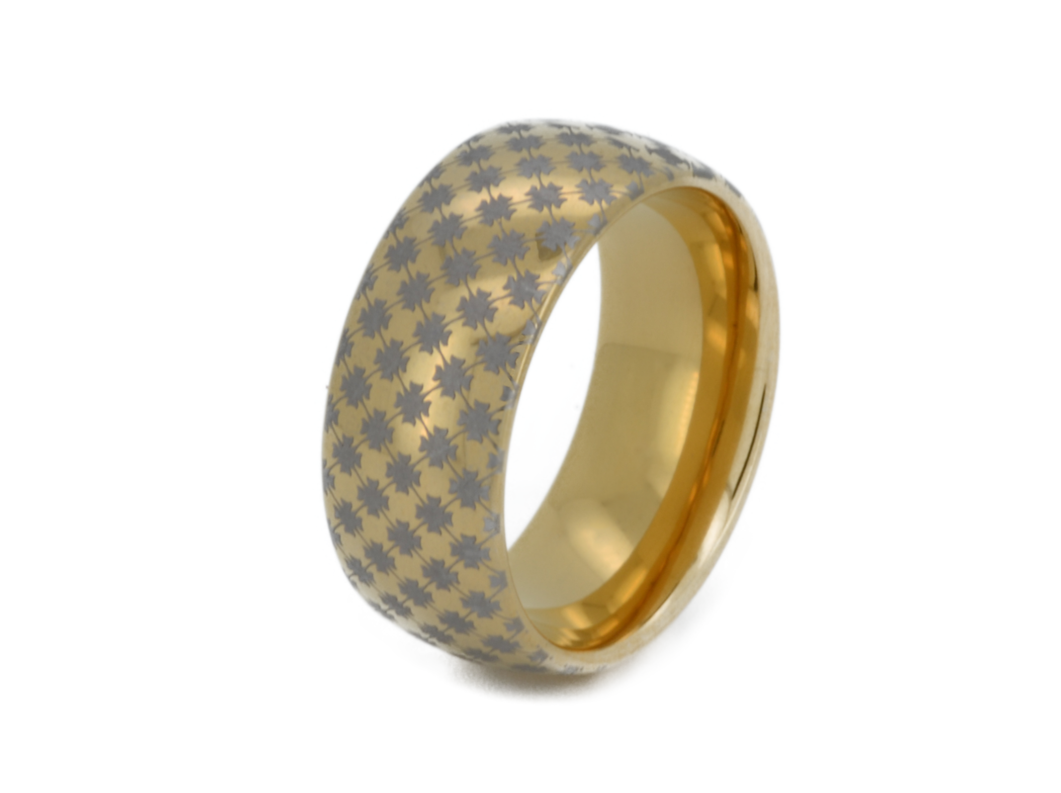  Highly polished Yellow gold tungsten ring with unique elegant white engraving of cross or star like ornamental engraving, elegant geometric pattern, premium high detail pattern. An ideal elegant gift for travellers and adventurers. Premium anniversary wedding band for special occasion or engagement. Luxury promise ring for friend, girlfriend, mother, mom or granny. Ideal original personalized present for her and him