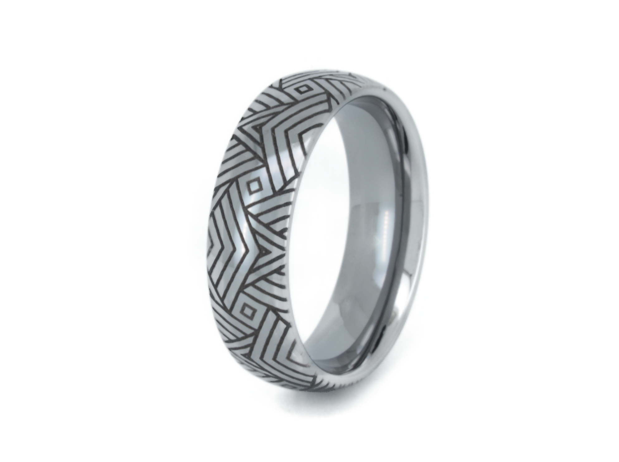 Unique geometric-patterned band, unisex design for her or him, perfect as a wedding, anniversary, or birthday gift. Fashionable and modern, crafted white gold-plated tungsten. Distinctive and elegant jewelry. Durable suitable for everyday wear.