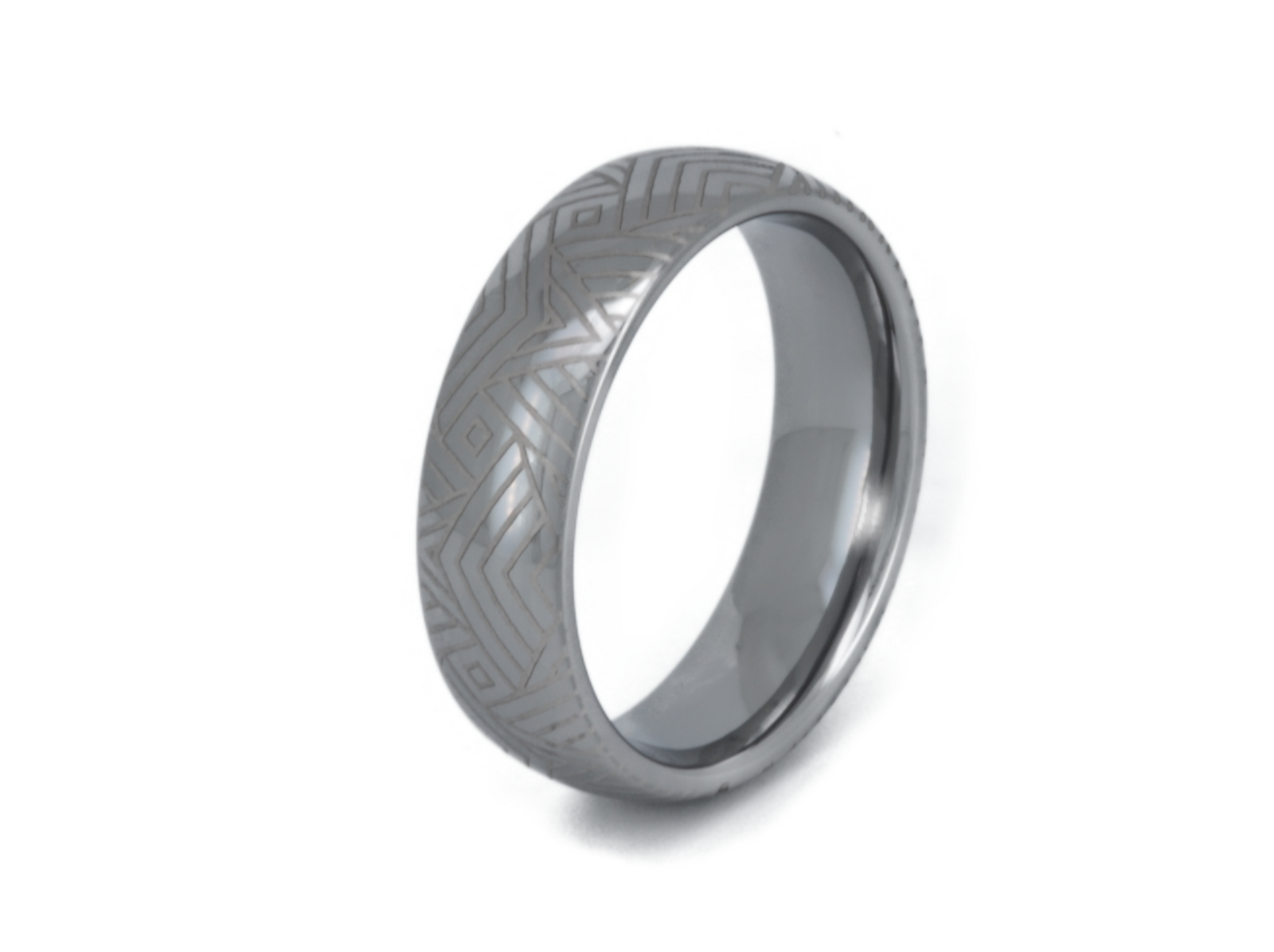 The Arrow Waves tungsten ring with laser-engraved surface detail, shown against a light background.