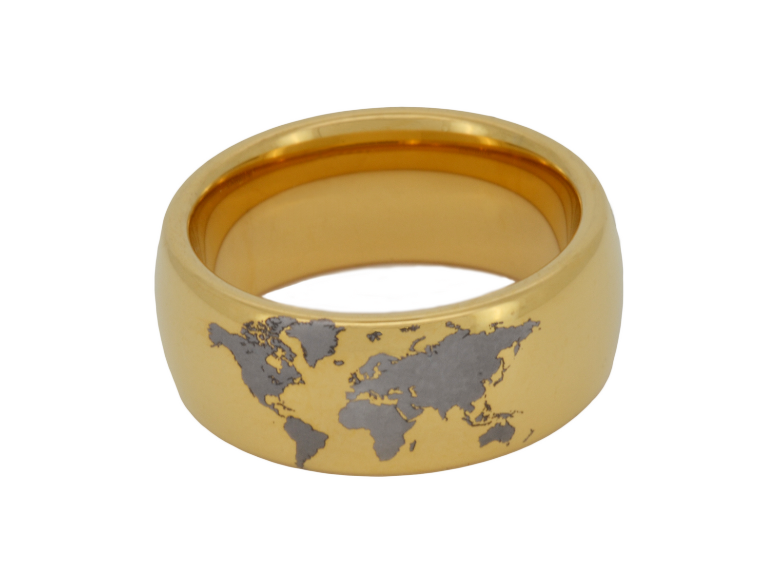 Golden Globe tungsten ring with laser-engraved surface detail, shown against a light background.