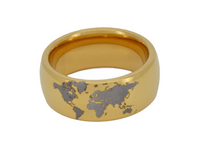 Golden Globe tungsten ring with laser-engraved surface detail, shown against a light background.