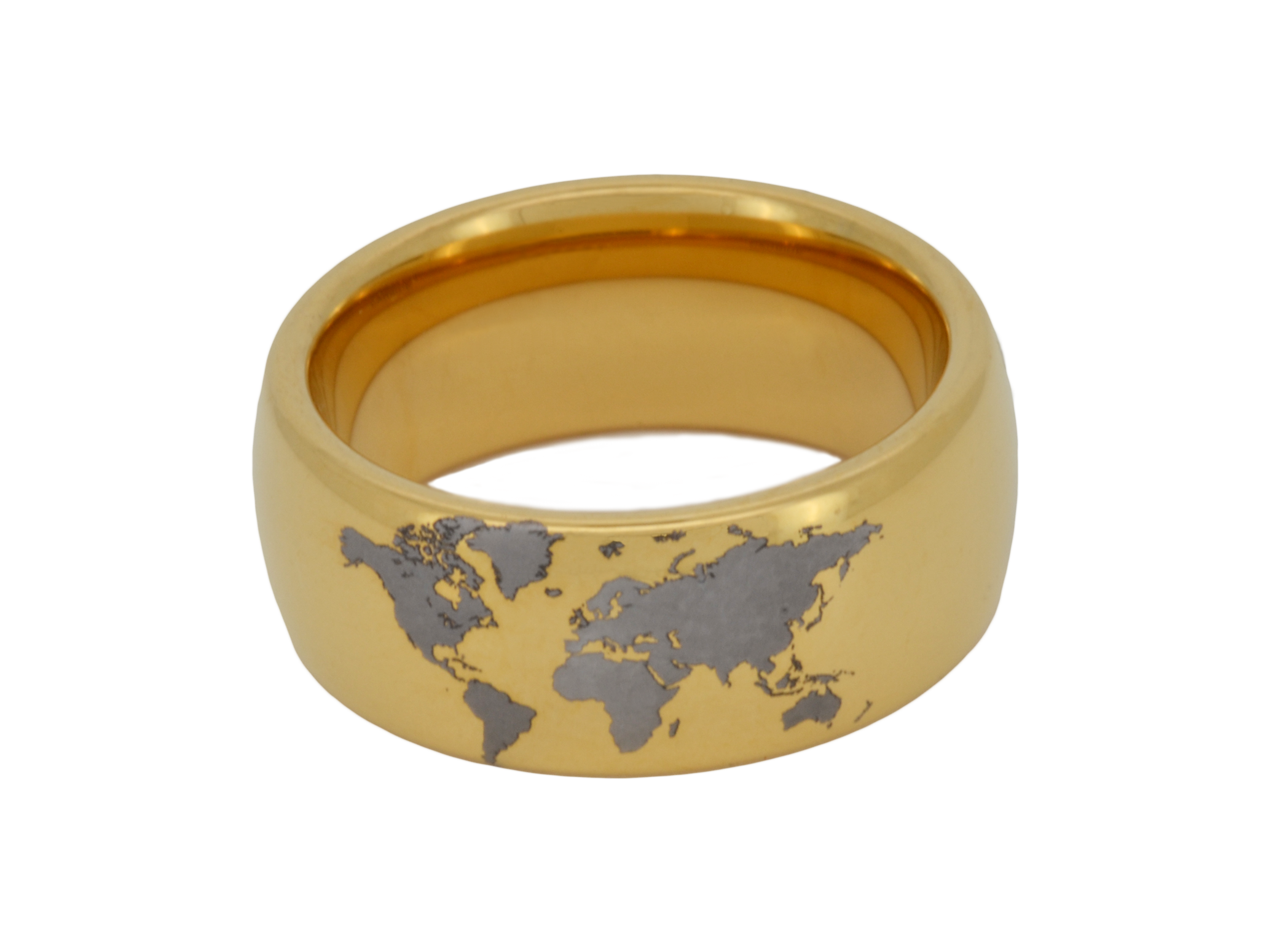 Highly polished Yellow gold tungsten ring with unique elegant white engraving of earth continents. An ideal elegant gift for travellers and adventurers. Premium anniversary wedding band for special occasion or engagement. Luxury promise ring for friend, girlfriend, mother, mom or granny. Ideal original personalized present for her and him