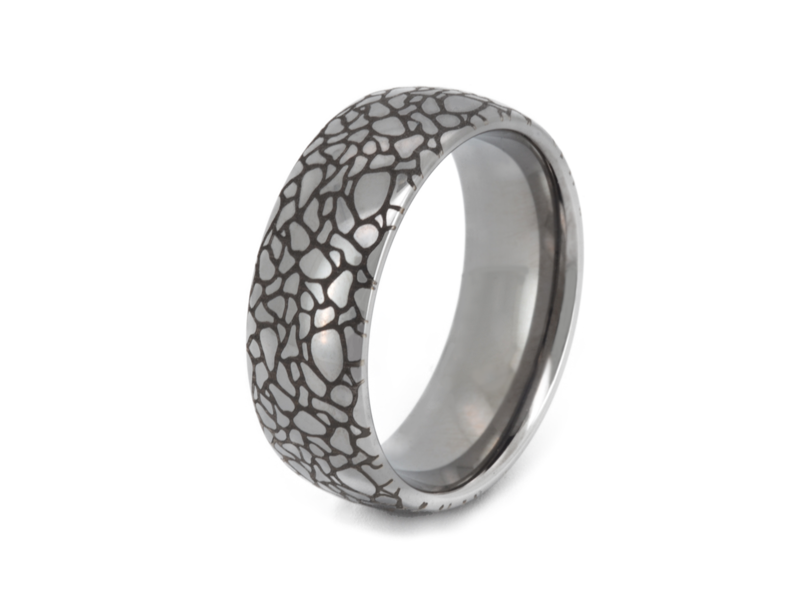 White gold tungsten ring with a cracked earth pattern, isolated on a white background.