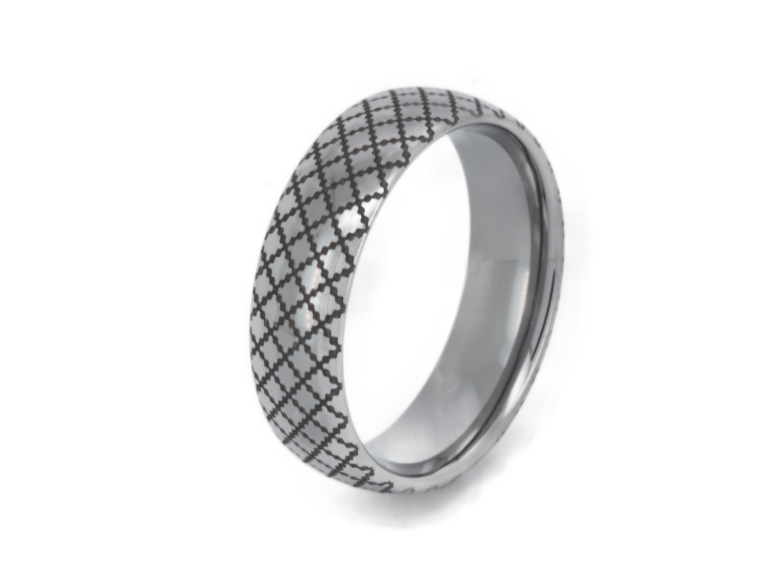 White Gold Quilted Elegance tungsten ring with laser-engraved surface detail, shown against a light background.