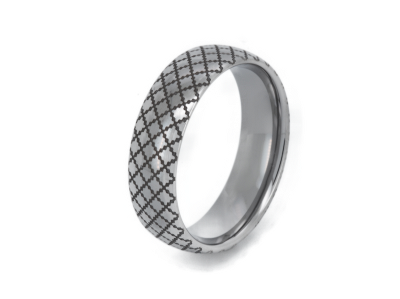 White Gold Quilted Elegance tungsten ring with laser-engraved surface detail, shown against a light background.
