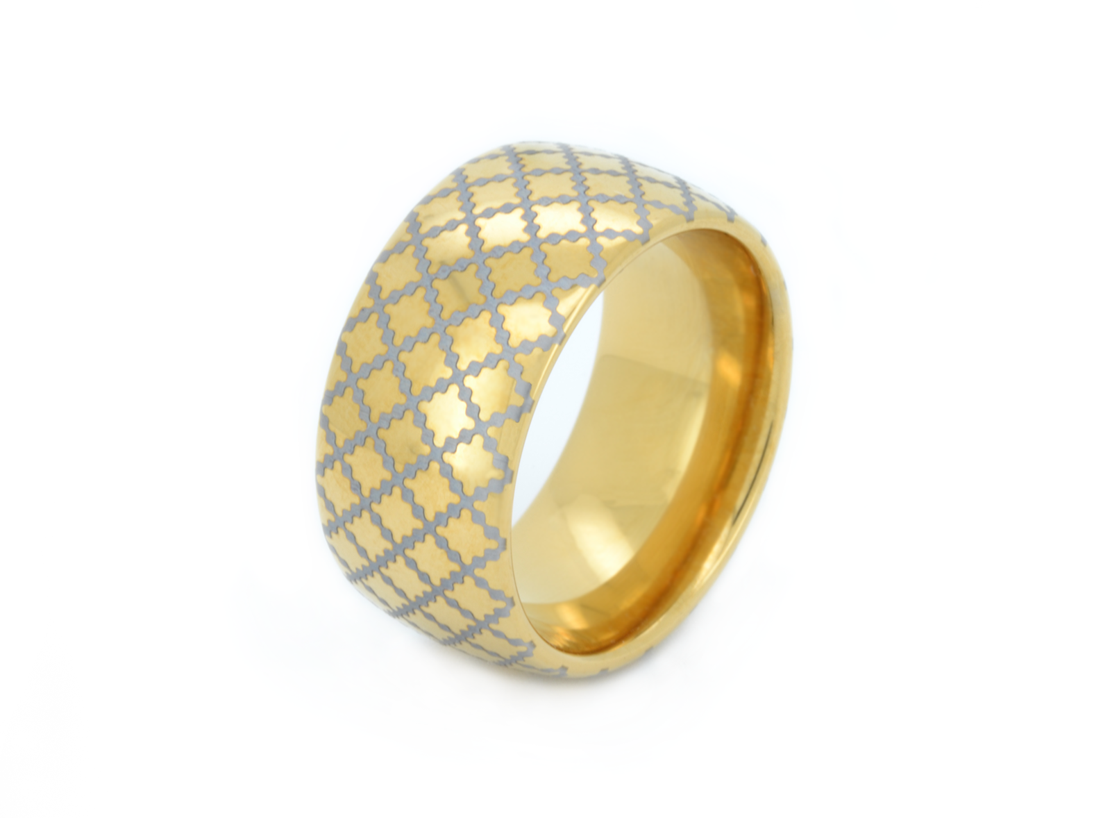 Gold wide tungsten ring with an elegant quilted pattern, isolated on a white background