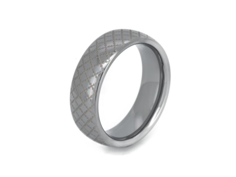 White Gold Quilted Elegance tungsten ring with laser-engraved surface detail, shown against a light background.
