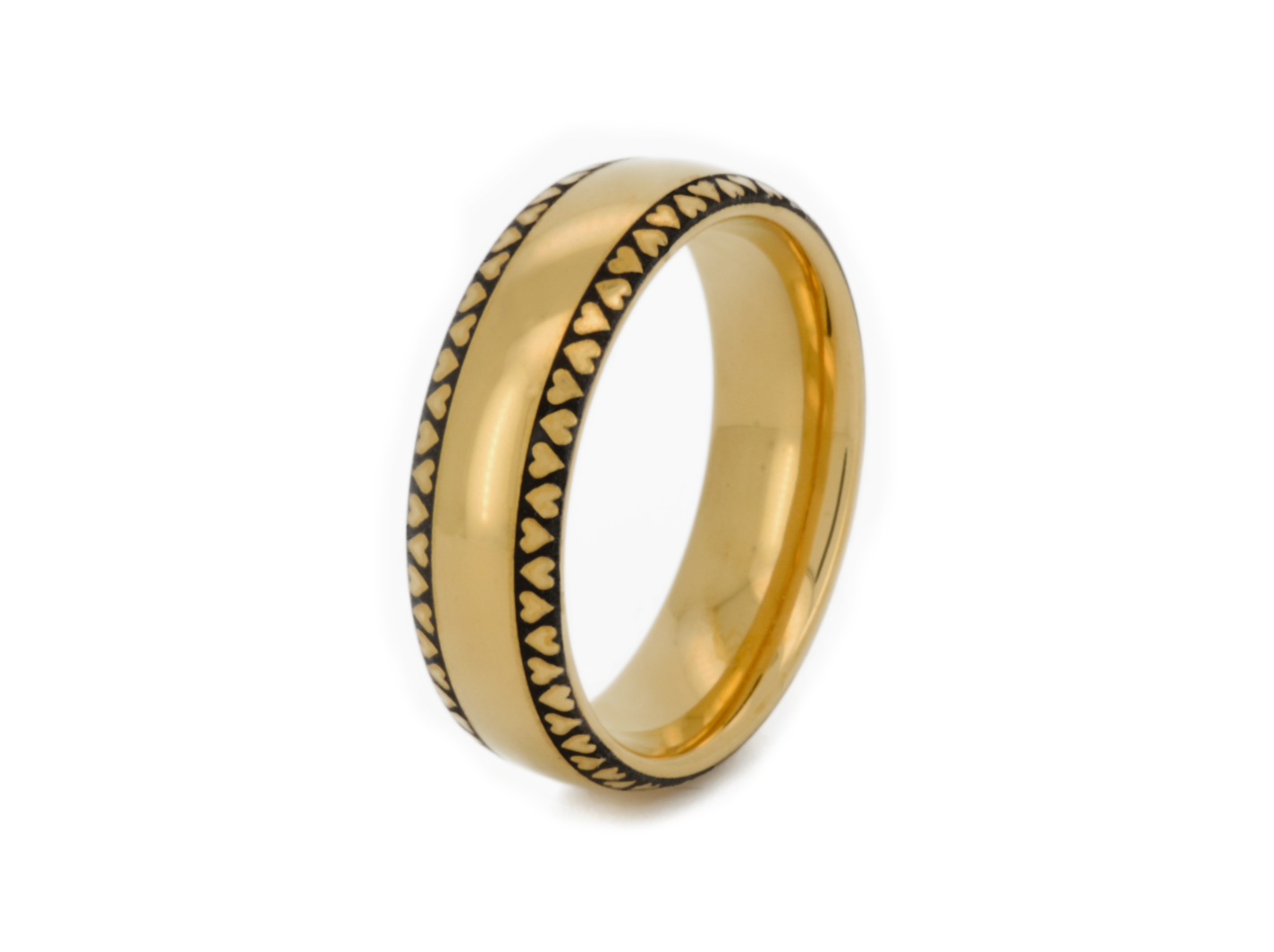 Yellow gold tungsten ring with engraved heart pattern.