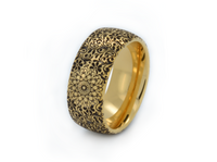 Boho Floral Mandala tungsten ring with laser-engraved surface detail, shown against a light background.