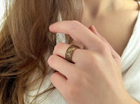 Boho Floral Mandala tungsten ring with laser-engraved surface detail, worn on a hand.