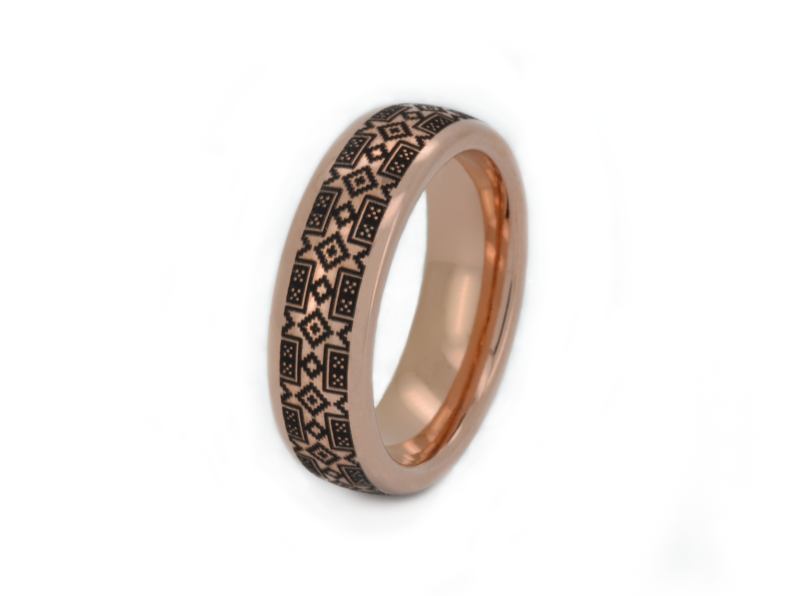 unique rose gold plated tungsten wedding ring with elegant black engraving of crosses, stars and dots, pixelated tribal pattern, chic wedding engagement ring, anniversary ring for special occasions, gift for him and her 