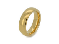 High Polished Yellow Gold Tungsten Wedding Band with a polished plain surface, shown against a light background.