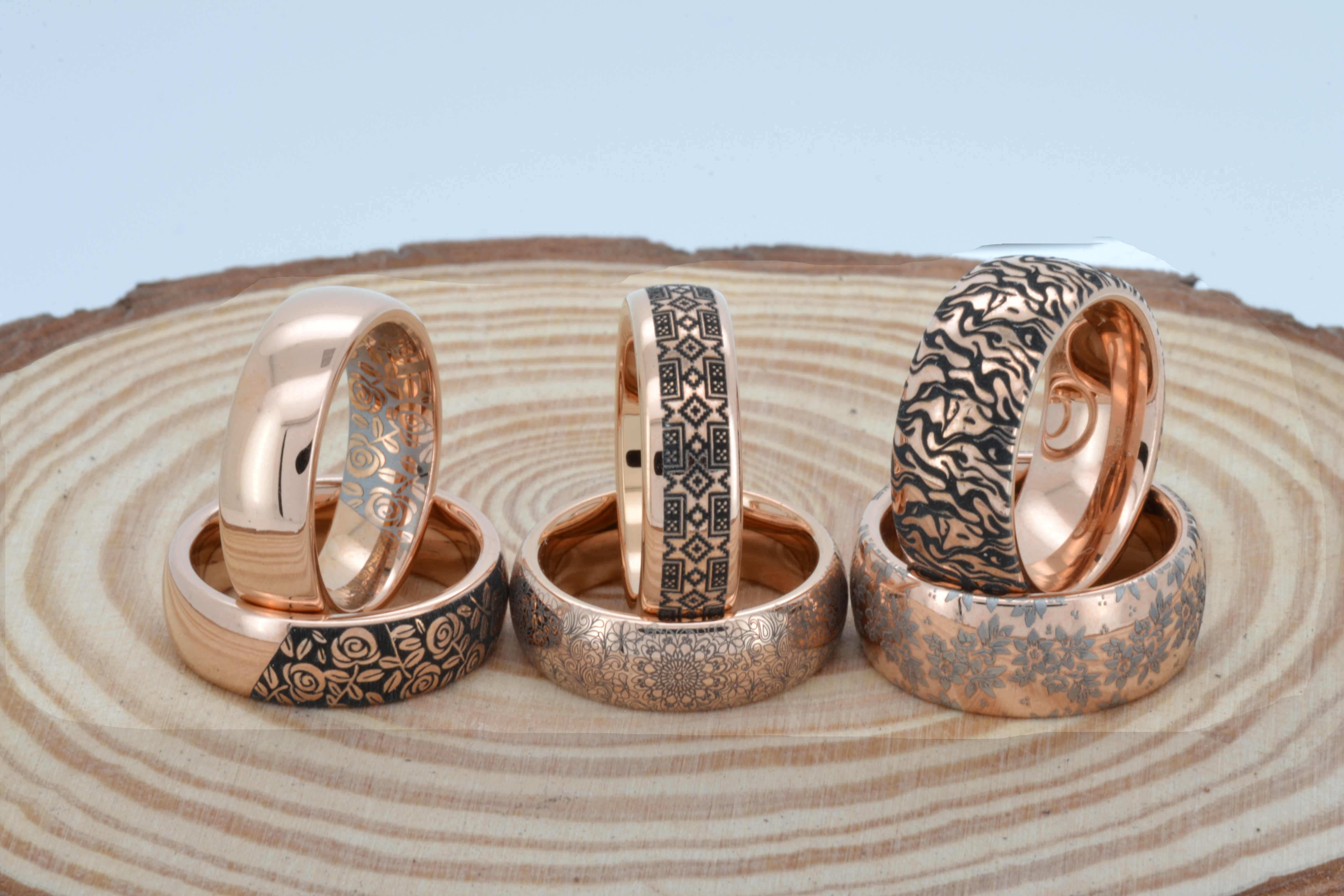 Rose gold wedding rings for special occasions, unique floral and abstract patterns, laser engraved rose gold tungsten rings