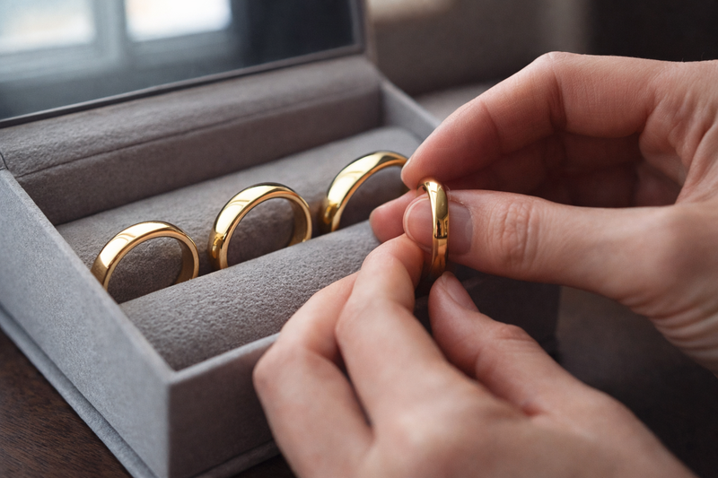 Plain ring samples arranged in a tray for the HoloRing Perfect Fit Service.