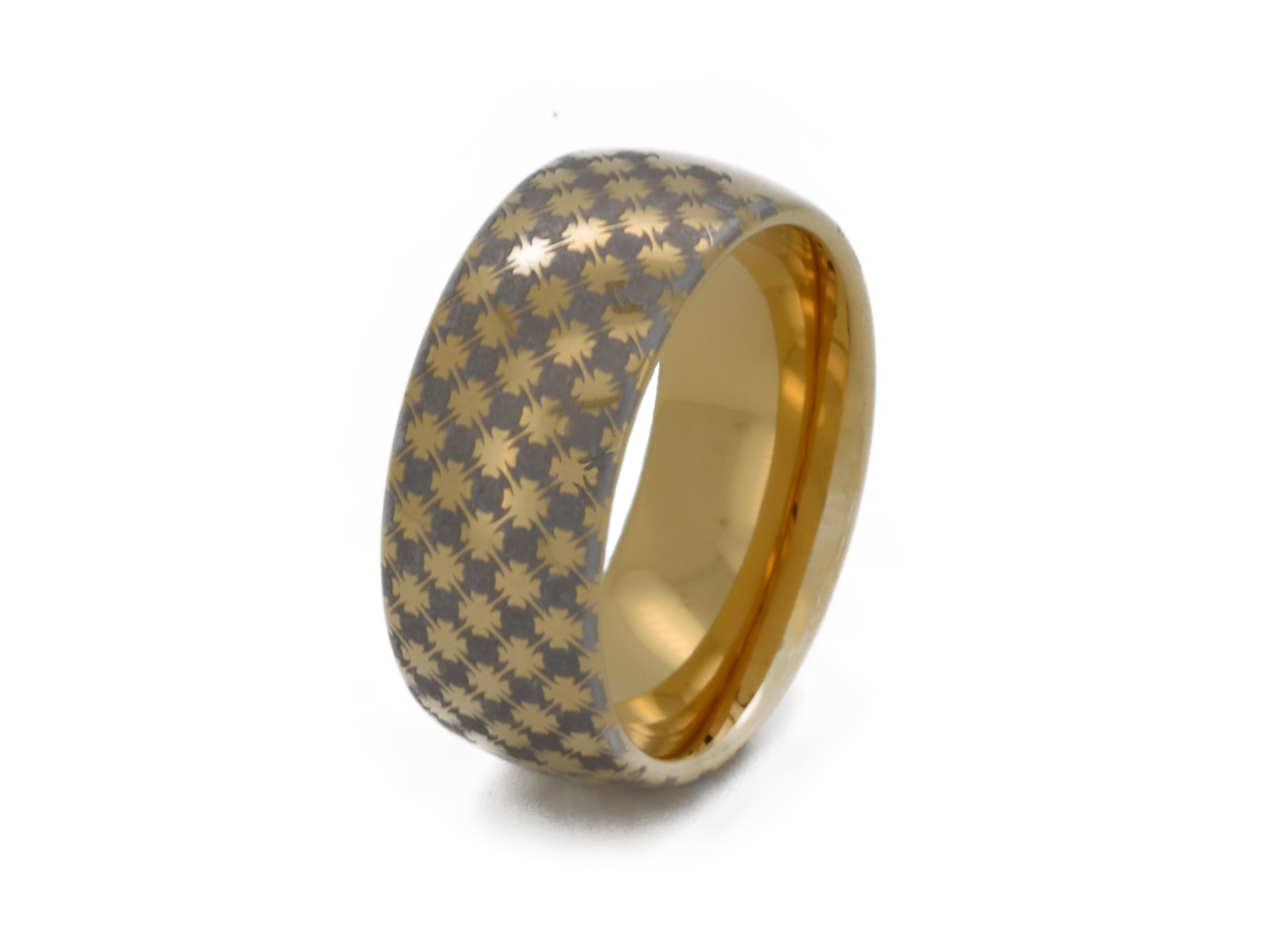 Star or cross like pattern on yellow gold plated tungsten ring, elegant wedding and anniversary gift for special occasion, present for friend, wife, groom, bride and unique gift for him and her