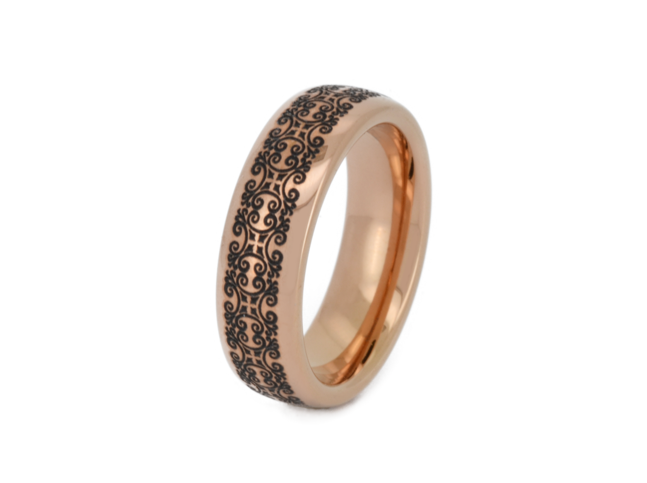 Rose gold tungsten ring with an intricate black swirl pattern, displayed on a white background.