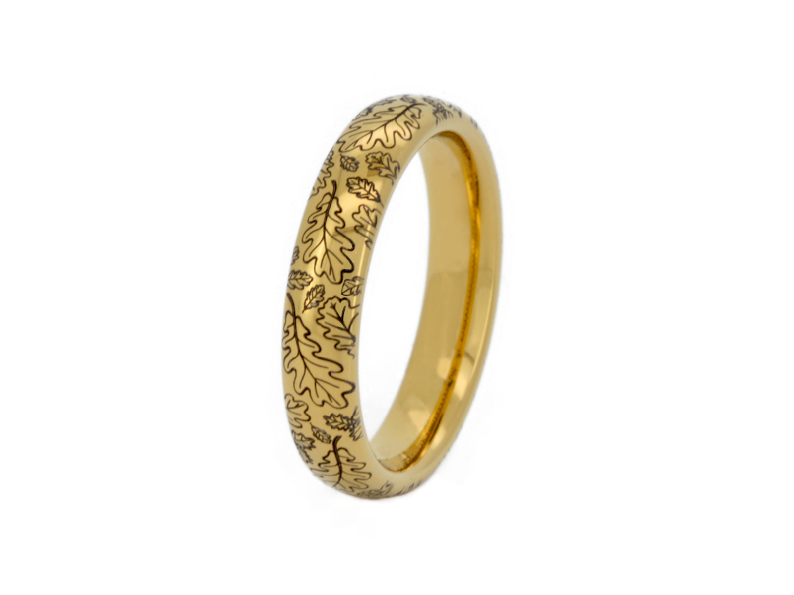 Delicate Oak Leaf tungsten ring with laser-engraved surface detail, shown against a light background.