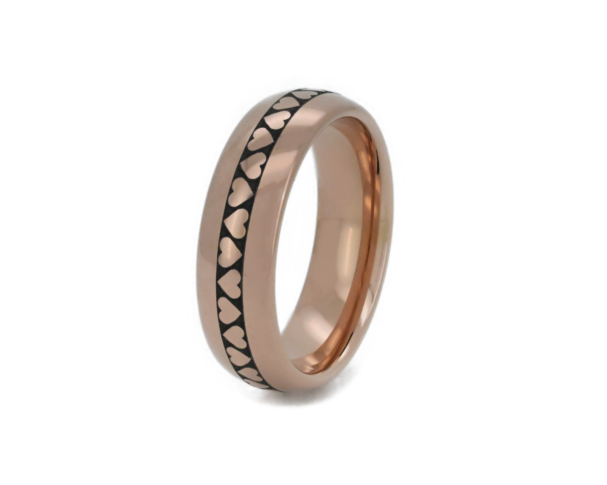 rose gold tungsten ring with engraved hearts in the middle of the ring