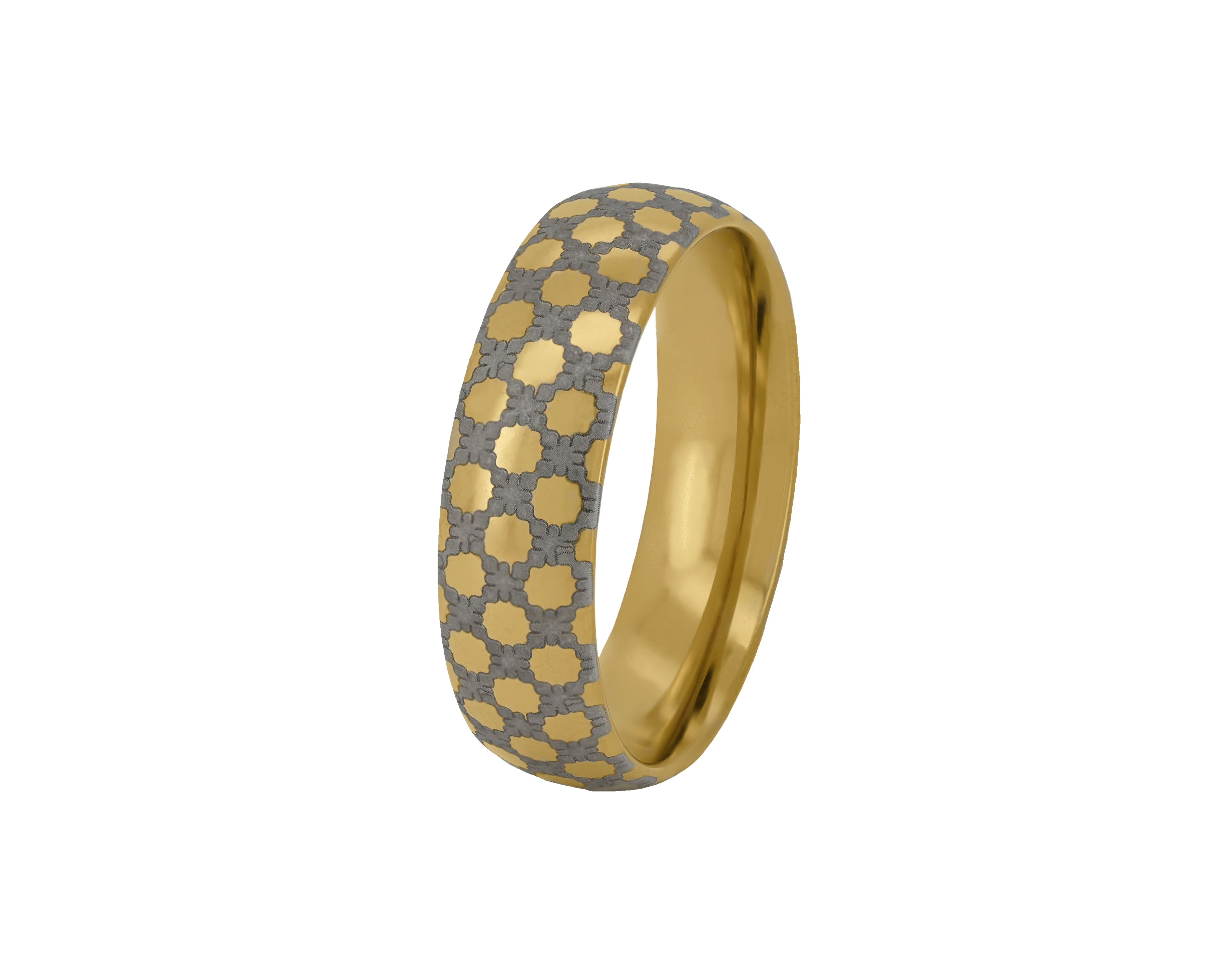 Gold ring with a patterned band on a white background