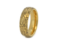 Delicate Oak Leaf tungsten ring with laser-engraved surface detail, shown against a light background.