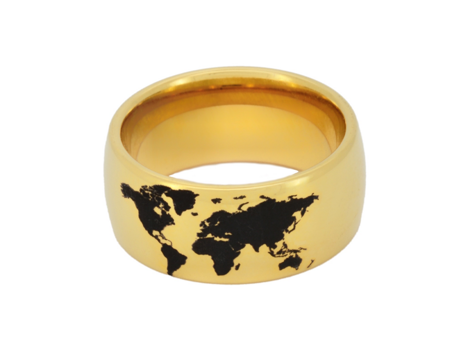 Golden Globe tungsten ring with laser-engraved surface detail, shown against a light background.