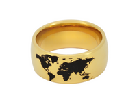 Golden Globe tungsten ring with laser-engraved surface detail, shown against a light background.