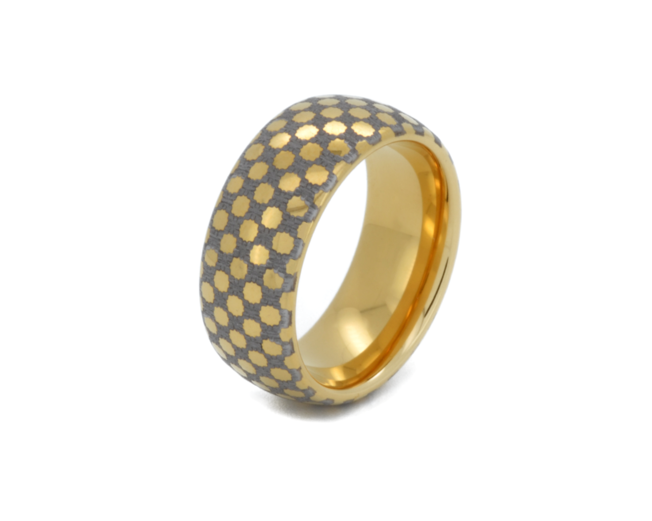 Celestial Grid tungsten ring with laser-engraved surface detail, shown against a light background.