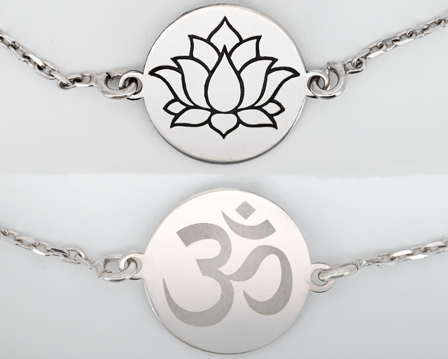 Personalized silver bracelet with engraved spiritual symbol of om and yoga lotos list