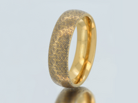 Product photo of the Hexa Maze tungsten ring with laser-engraved surface detail.