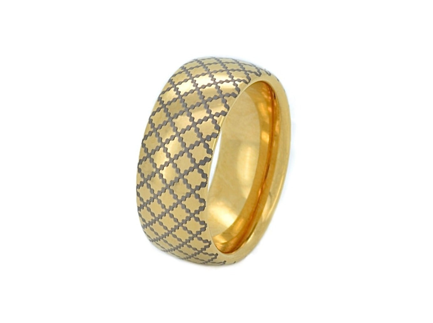 Golden Quilted Elegance tungsten ring with laser-engraved surface detail, shown against a light background.