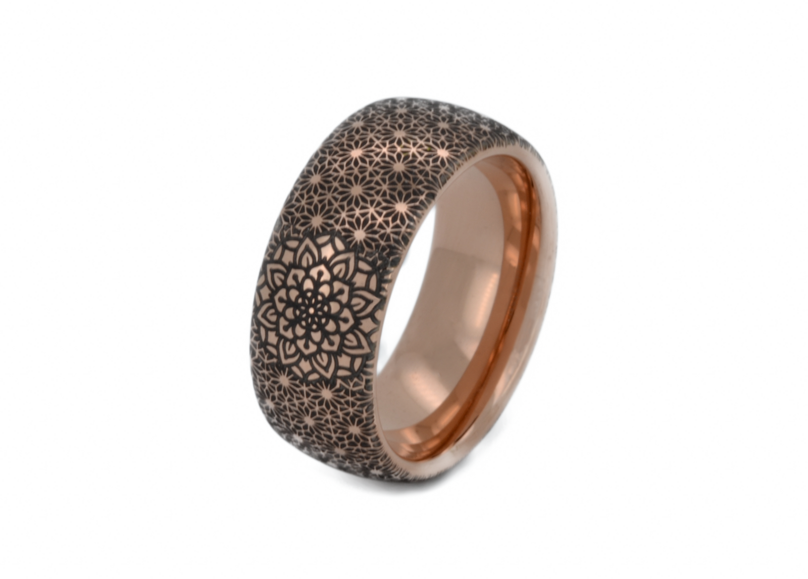 Boho Floral Mandala tungsten ring with laser-engraved surface detail, shown against a light background.