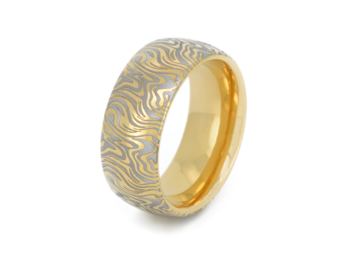 Gold wedding band with a unique swirling pattern in silver, providing a striking contrast, isolated on a white background.