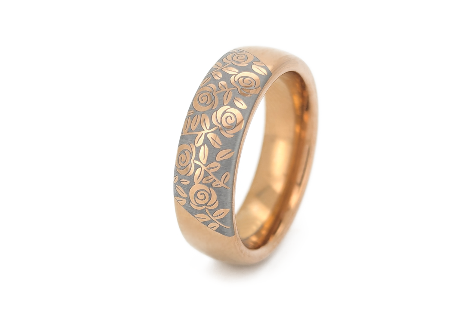 White Blooming Rose tungsten ring with laser-engraved surface detail, shown against a light background.