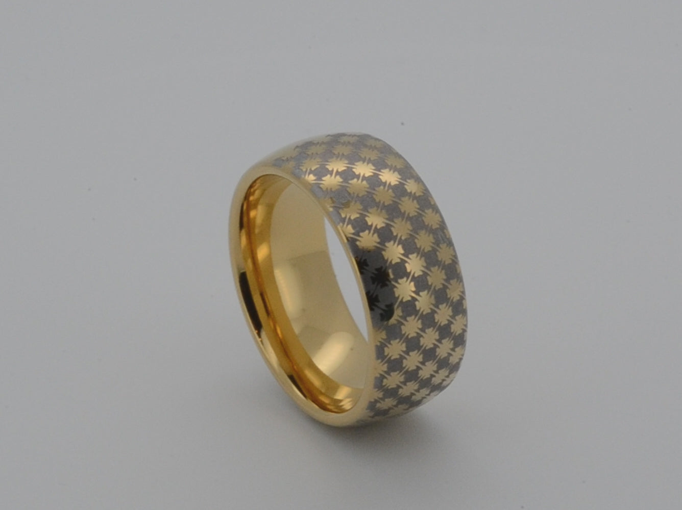 Star or cross like pattern on yellow gold plated tungsten ring, elegant wedding and anniversary gift for special occasion, present for friend, wife, groom, bride and unique gift for him and her