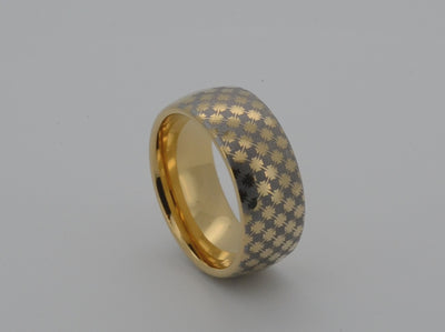 Star or cross like pattern on yellow gold plated tungsten ring, elegant wedding and anniversary gift for special occasion, present for friend, wife, groom, bride and unique gift for him and her