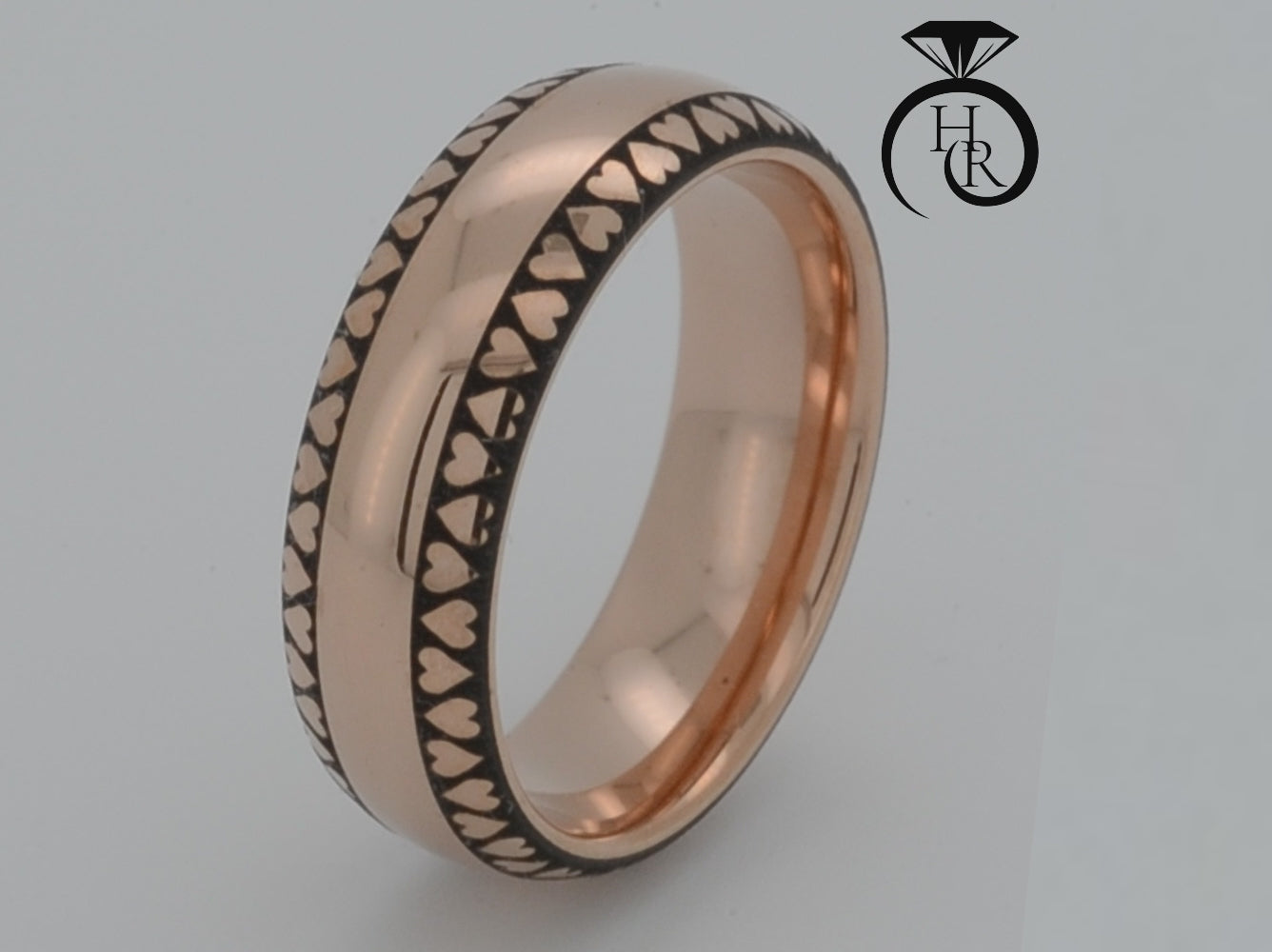 elegant luxury rose gold tungsten band with engraved heart pattern, romantic valentines gift for her, unique chic wedding ring, luxury anniversary gift