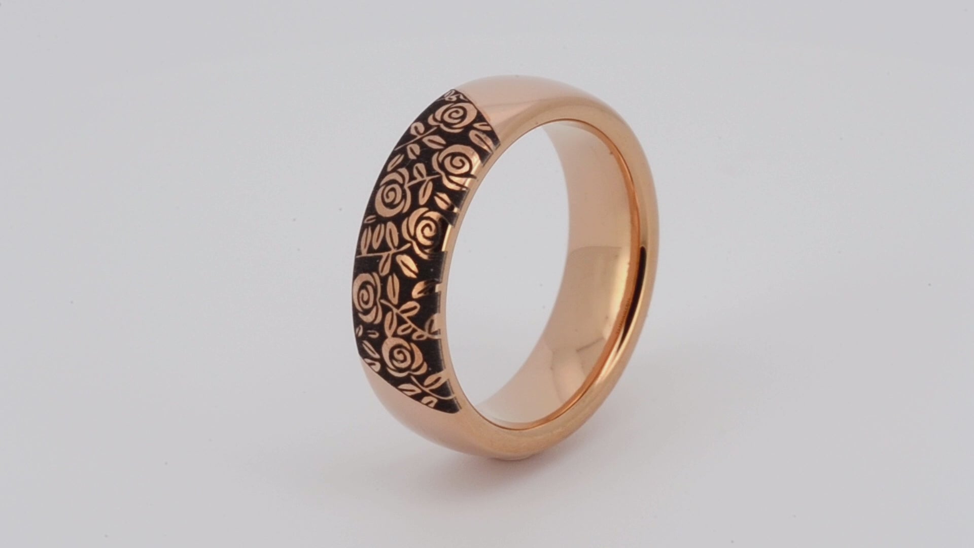 Blooming rose floral pattern on a luxury elegent rose gold plated tungsten ring, wedding anniversary band