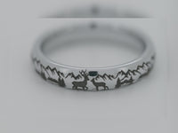 Nature inspired tungsten ring with detailed laser engraving of mountains and deer, durable hypoallergenic men’s ring by HoloRing