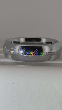 Video preview of the Holographic Inscription tungsten ring showing the holographic effect shifting in the light.