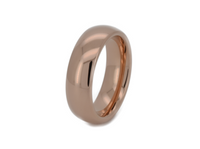 High Polished Rose Gold Tungsten Wedding Band with a polished plain surface, shown against a light background.