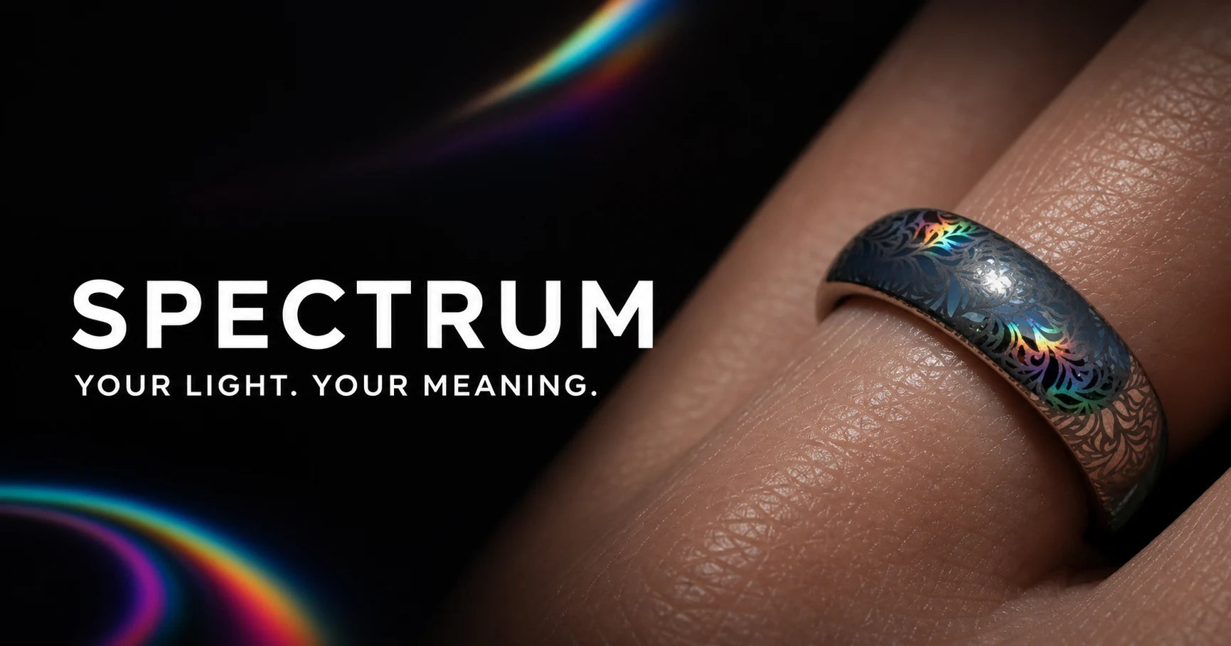 A hand wearing a holographic HoloRing surrounded by spectral light