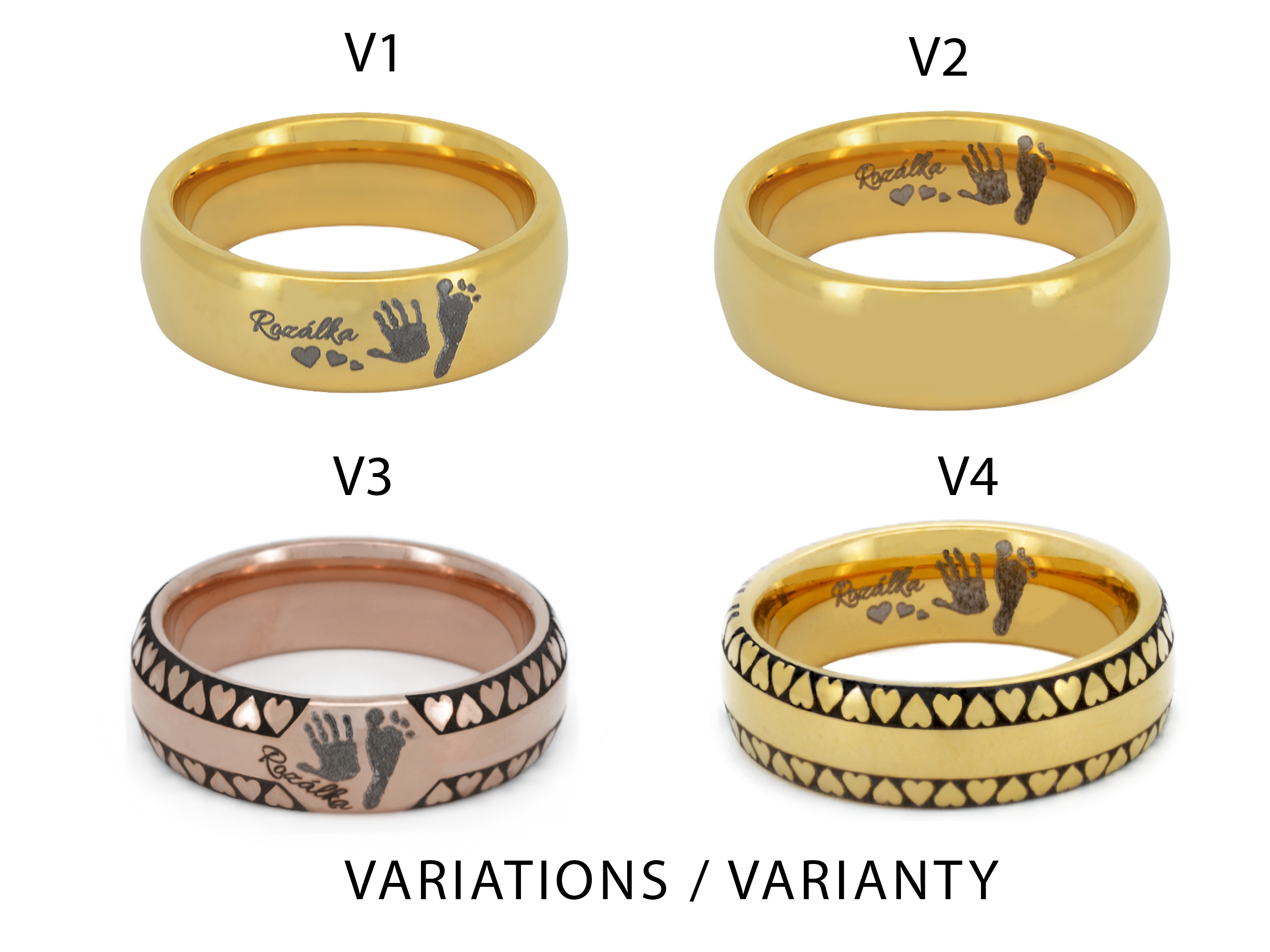 Four variations of tungsten rings labeled V1, V2, V3, and V4. V1 and V2 are plain gold rings, both featuring a child's handprint and footprint in silver-grey; V1 has engraving on the ouside, while V2 has inner engraving. V3 is a ring with imprints on the outside and alternating heart pattern, and V4 has continuous heart pattern and a imprints on the inside. Each design offers a personalized touch symbolizing love and connection.